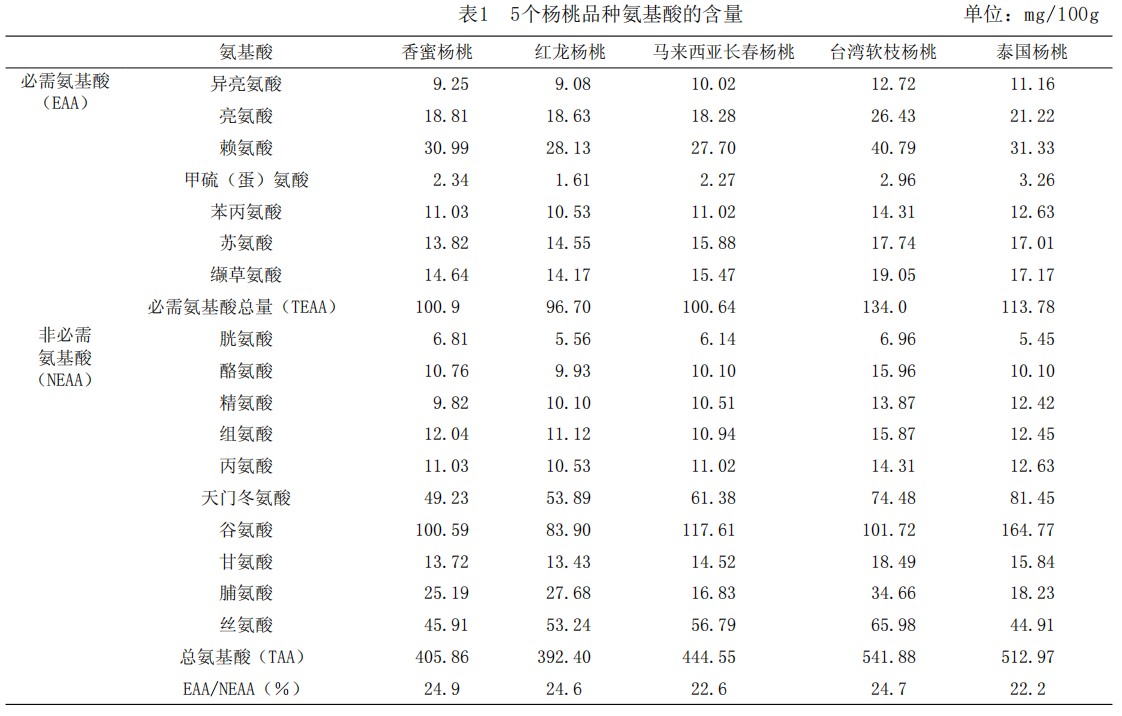 表1 5个杨桃品种氨基酸的含量